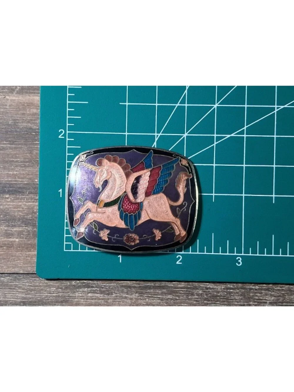 Vintage Winged Unicorn Belt Buckle Epic Cloisonne Enamel Purple Alicorn Mythical